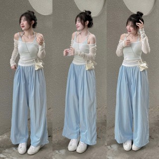 Set bộ nữ xinh xắn chất áo thun giấy tay dài trễ vai kèm áo lót mix quần đũi vân mây dài ống rộng thiết kế nữ tính