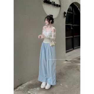 Set bộ nữ xinh xắn chất áo thun giấy tay dài trễ vai kèm áo lót mix quần đũi vân mây dài ống rộng thiết kế nữ tính