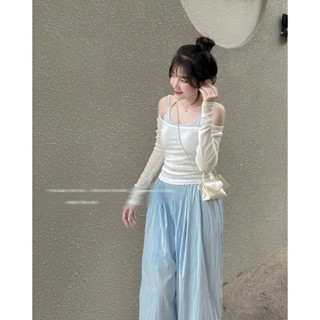 Set bộ nữ xinh xắn chất áo thun giấy tay dài trễ vai kèm áo lót mix quần đũi vân mây dài ống rộng thiết kế nữ tính