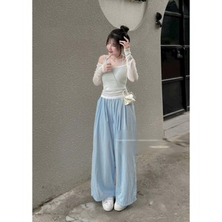 Set bộ nữ xinh xắn chất áo thun giấy tay dài trễ vai kèm áo lót mix quần đũi vân mây dài ống rộng thiết kế nữ tính