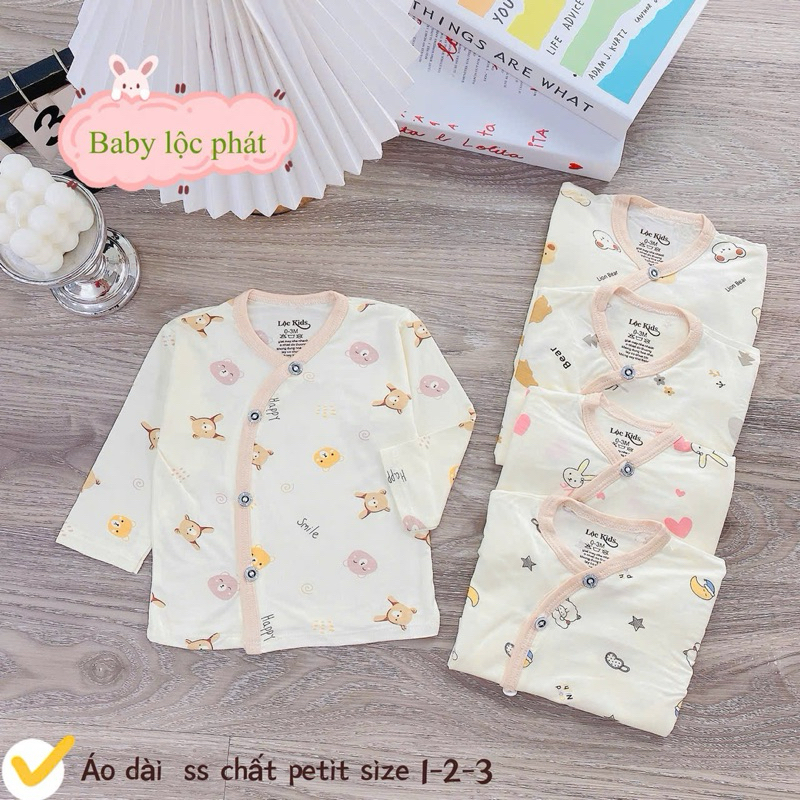 (LK 026) Combo 3 Áo Dài Tay Sơ Sinh Chất Petit Vạt Chéo Cho Bé Từ 3-9m
