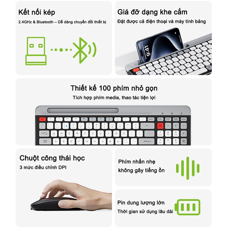 Bộ Bàn Phím Chuột Không Dây Acer OKR 215 - 2.4GHz + Bluetooth - Giảm Chống ồn | BigBuy360 - bigbuy360.vn