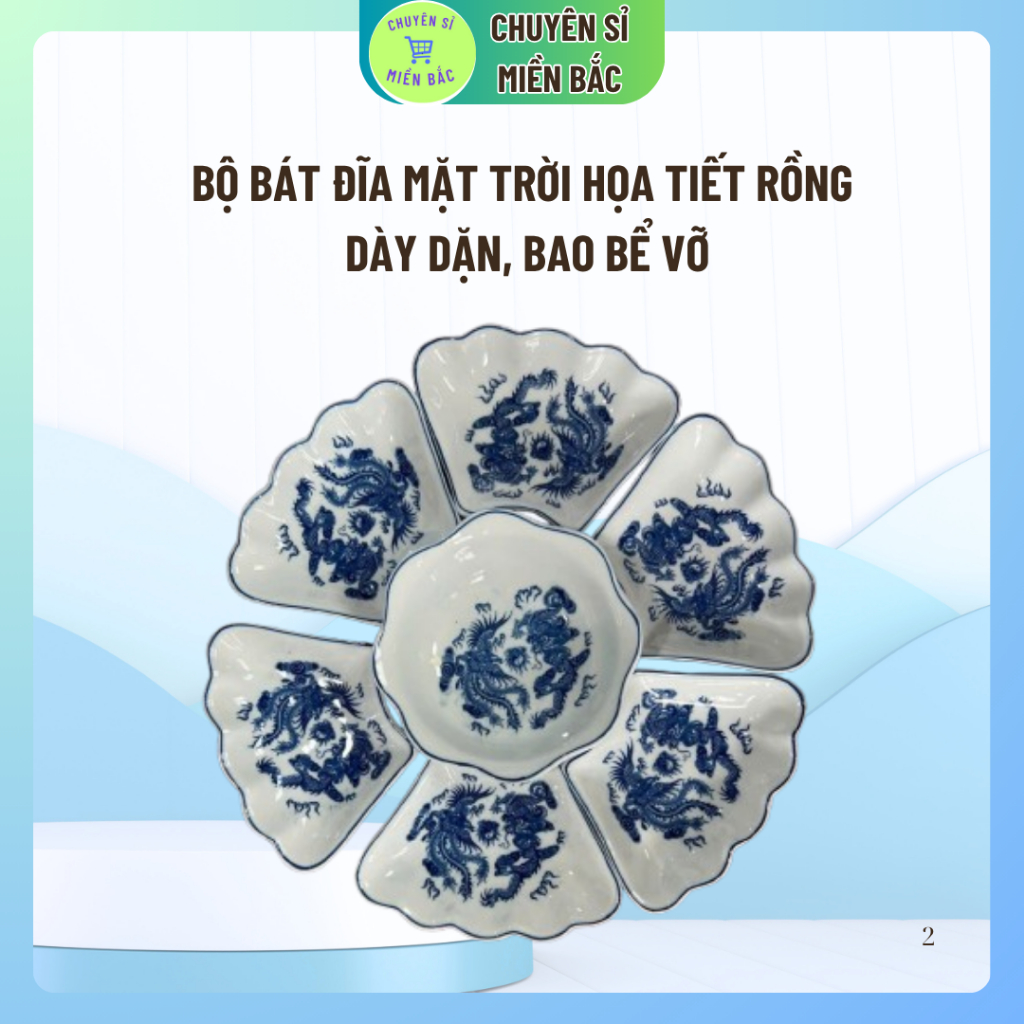 Bộ bát đĩa mặt trời HỌA TIẾT RỒNG .Minh châu 7 món hàng loại 1 đẹp dày dặn, Set bát đĩa 7 món thắp hương thờ cúng