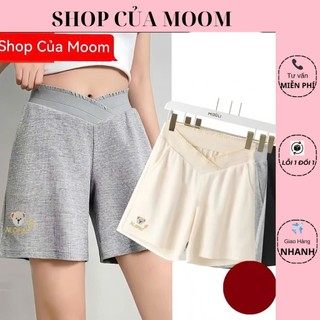 Quần đùi bầu cạp chéo thêu gấu thời trang trẻ trung cho Mẹ Bầu chất tổ ong mềm nhẹ
