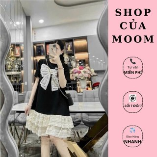 Đầm Bầu Công Sở tay cộc nơ ngọc Nhà-Moom, phối đuôi váy ren tầng xinh xắn