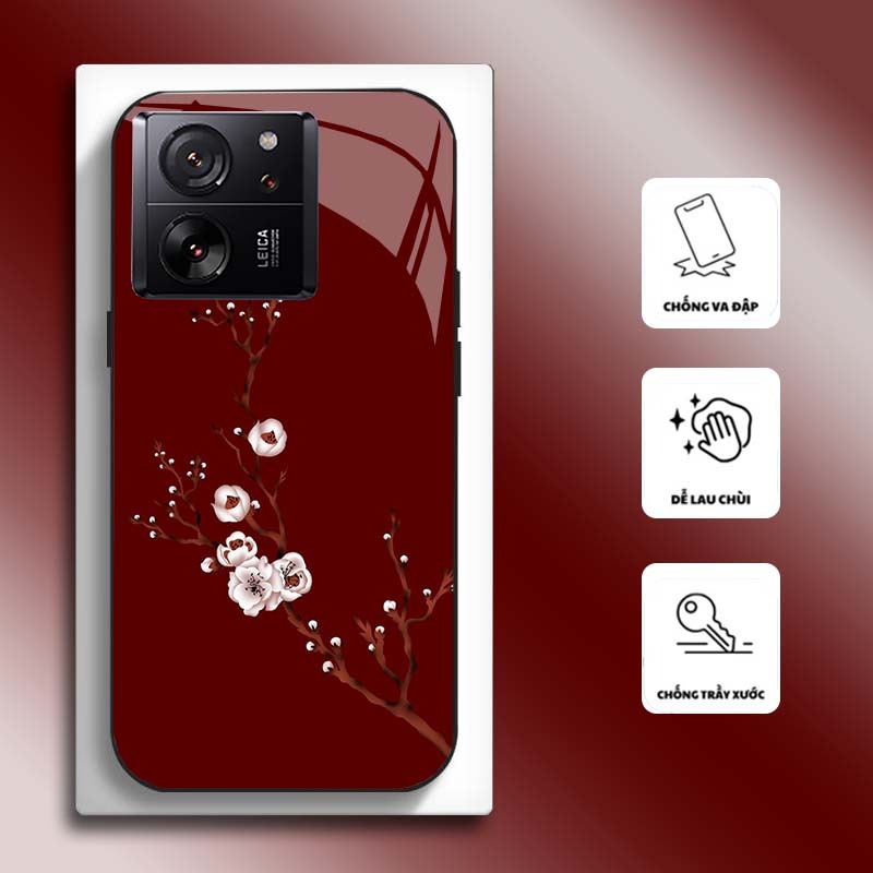 Ốp Lưng cho XIAOMI 13T 5G, 13T PRO 5G Mặt kính cường lực, cao cấp HOẠ TIẾT HOA CẨM THẠCH