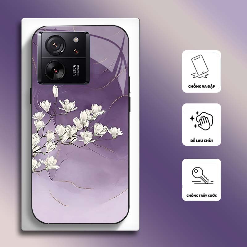 Ốp Lưng cho XIAOMI 13T 5G, 13T PRO 5G Mặt kính cường lực, cao cấp HOẠ TIẾT HOA CẨM THẠCH
