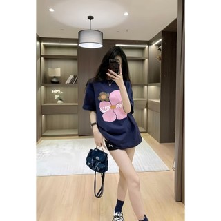 Set Bộ Áo Thun Nữ CHEPOL Form Rộng, Cổ Tròn, Phối Quần Đùi, In Hoa, Chất Cotton (Áo Phông Xanh Than + Quần Đùi)-CP_x8433