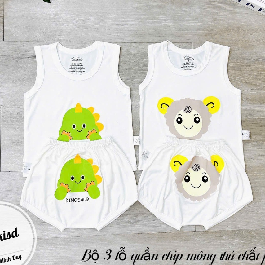 Bộ quần áo BA LỖ sát nách quần chip mông NỀN TRẮNG KEM họa tiết đáng yêu cho bé 4-14kg saubabi