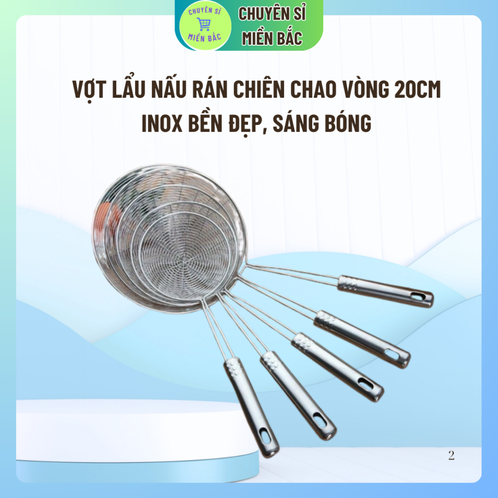 Vợt lẩu nấu rán chiên chao vòng 20cm vớt thức ăn bằng inox bền đẹp sáng bóng