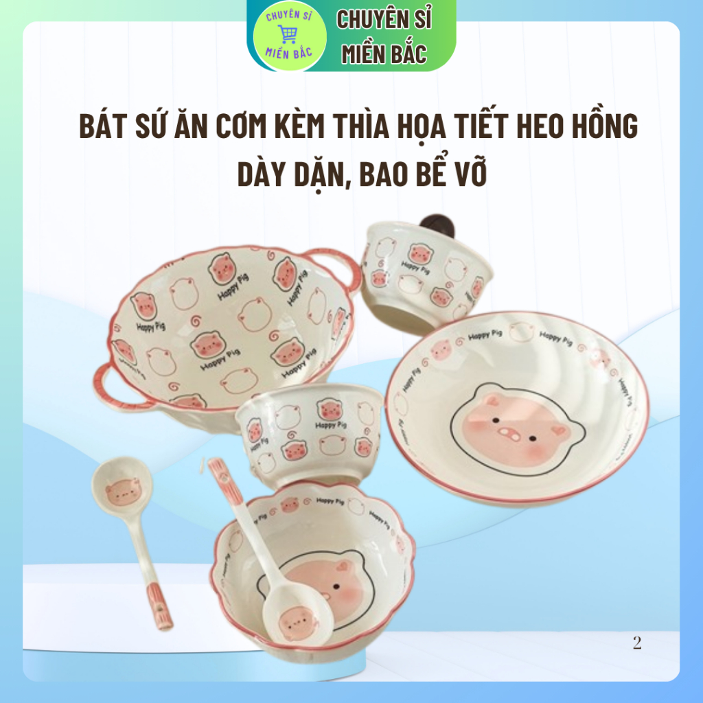 Bát sứ ăn cơm kèm thìa họa tiết Heo Hồng Cực Đáng yêu Cho Bé
