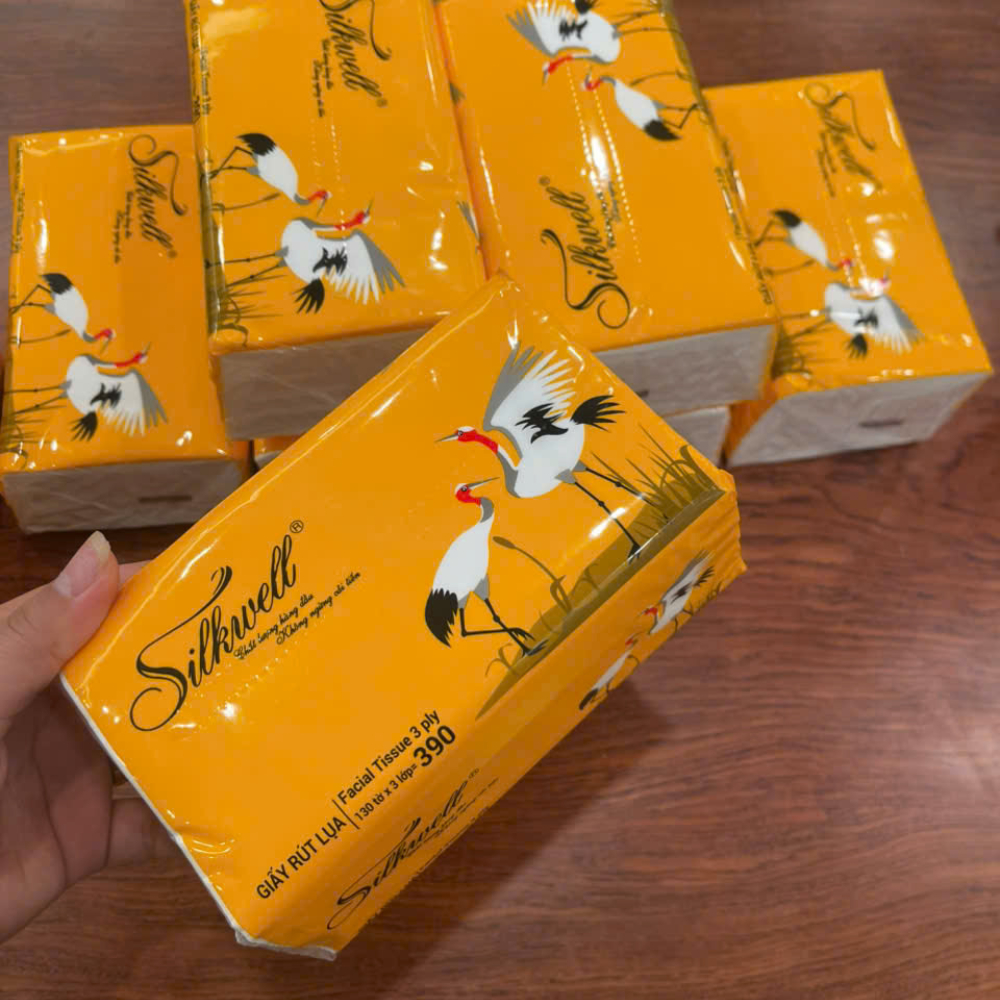 Thùng 20 gói Giấy ăn Silkwell Sếu 130 tờ 3 lớp khổ vừa, khăn giấy rút lụa 100% bột giấy nguyên chất