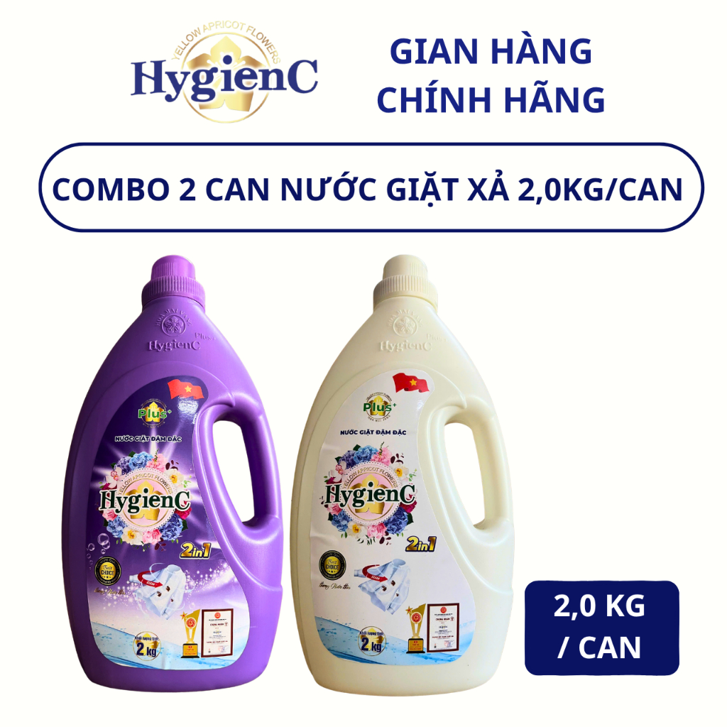 Combo 2 Can Nước Giặt Đậm Đặc HygienC Plus 2.0 Kg/Can - Hương Nước Hoa, Làm Sạch Vết Bẩn