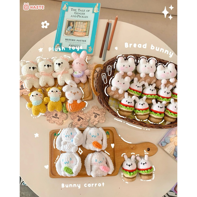 Móc Khoá Len Nhung Gấu Thỏ Mèo Hamburger Bánh Mì Cà Rốt Handmade Mềm Mịn Dễ Thương