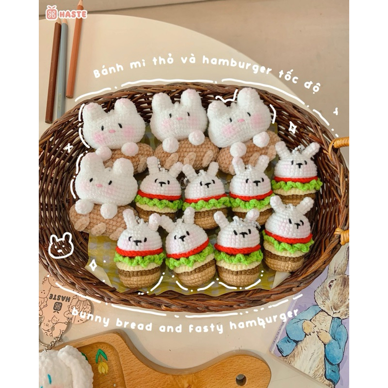Móc Khoá Len Nhung Gấu Thỏ Mèo Hamburger Bánh Mì Cà Rốt Handmade Mềm Mịn Dễ Thương