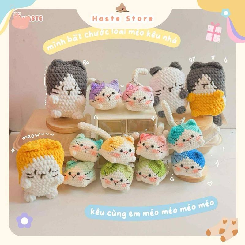Móc Khoá Len Nhung Mèo Đuôi Dài Tam Thể Đủ Màu Dễ Thương Handmade Mềm Mịn