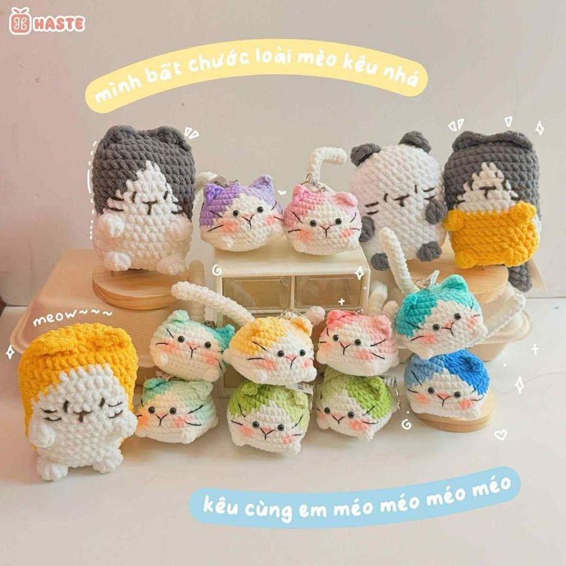 Móc Khoá Len Nhung Mèo Đuôi Dài Tam Thể Đủ Màu Dễ Thương Handmade Mềm Mịn