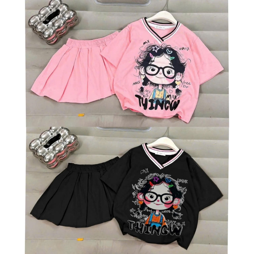 4-15 tuổi. Sét chân váy xếp ly có lót váy cho bé gái in hình cô gái tóc rối chất vải cotton mềm mịn thấm hút mồ hôi.V04