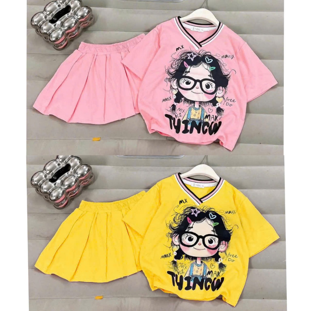 4-15 tuổi. Sét chân váy xếp ly có lót váy cho bé gái in hình cô gái tóc rối chất vải cotton mềm mịn thấm hút mồ hôi.V04