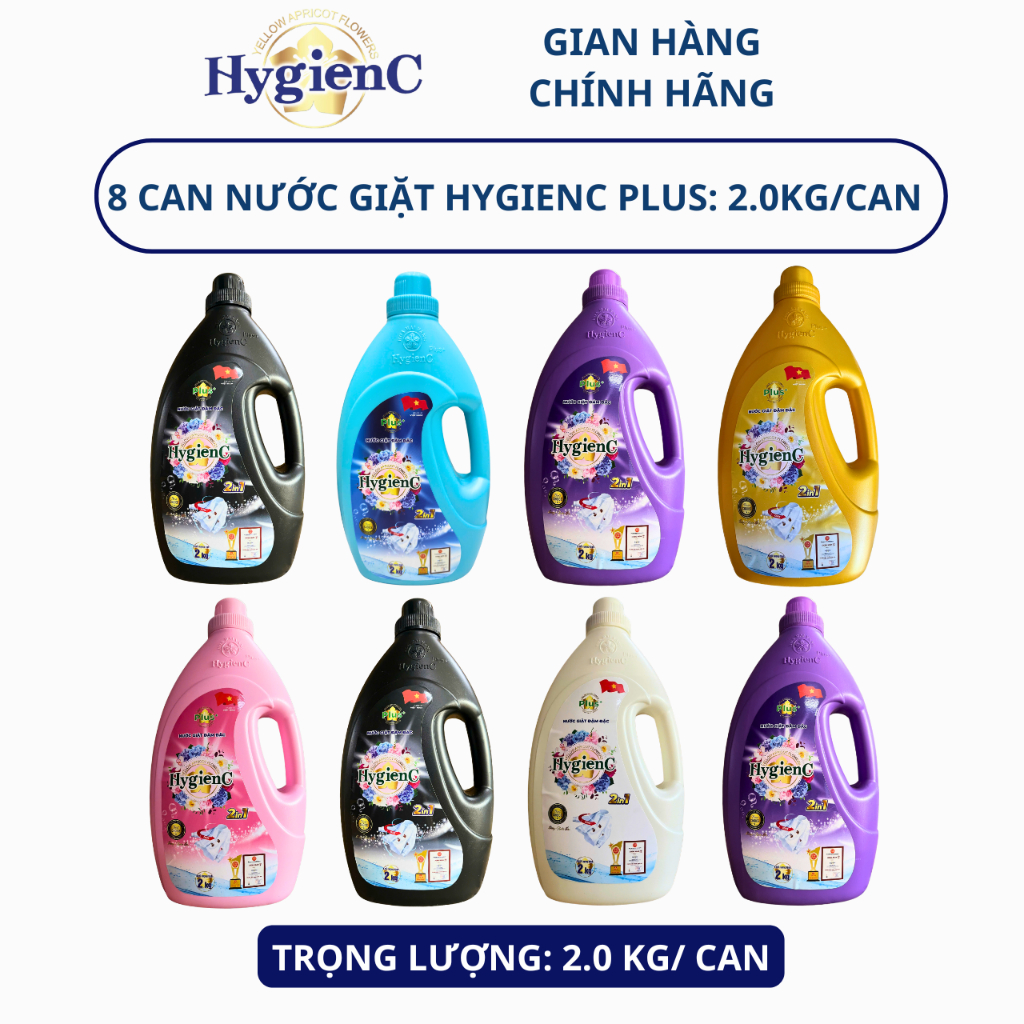 Combo 8 Can Nước Giặt HygienC Plus 2,0 Kg/Can Đậm Đặc Hương Nước Hoa - Sạch Vết Bẩn, Dưỡng Vải