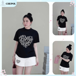 Bộ Áo Phông Nữ Chepol Form Rộng, In Trái Tim, Cổ Tròn, Phối Quần Đùi, Chất Cotton( Áo Thun Đen + Quần Đùi Trắng)CP_x4737