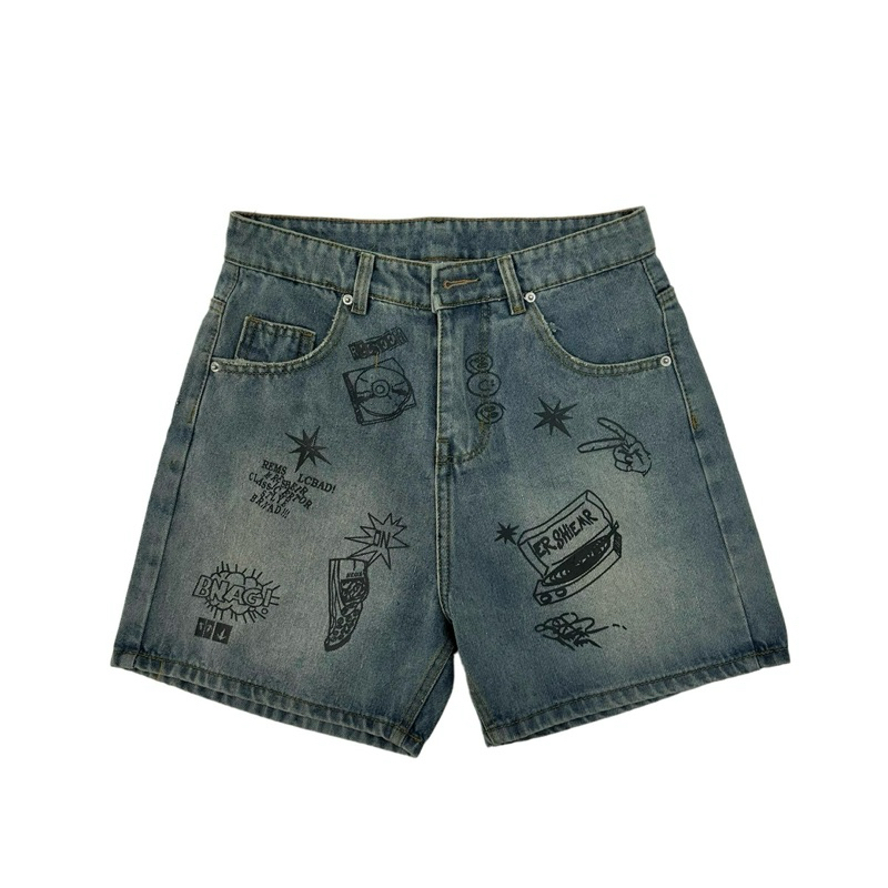 Quần Short Jean In Graphic Unisex Form Trên Gối, Jean Cotton Denim 360GSM, Wash Vintage, Local Brand TMT.STU | TMTD44