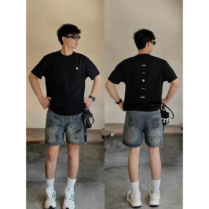Quần Short Jean In Graphic Unisex Form Trên Gối, Jean Cotton Denim 360GSM, Wash Vintage, Local Brand TMT.STU | TMTD44