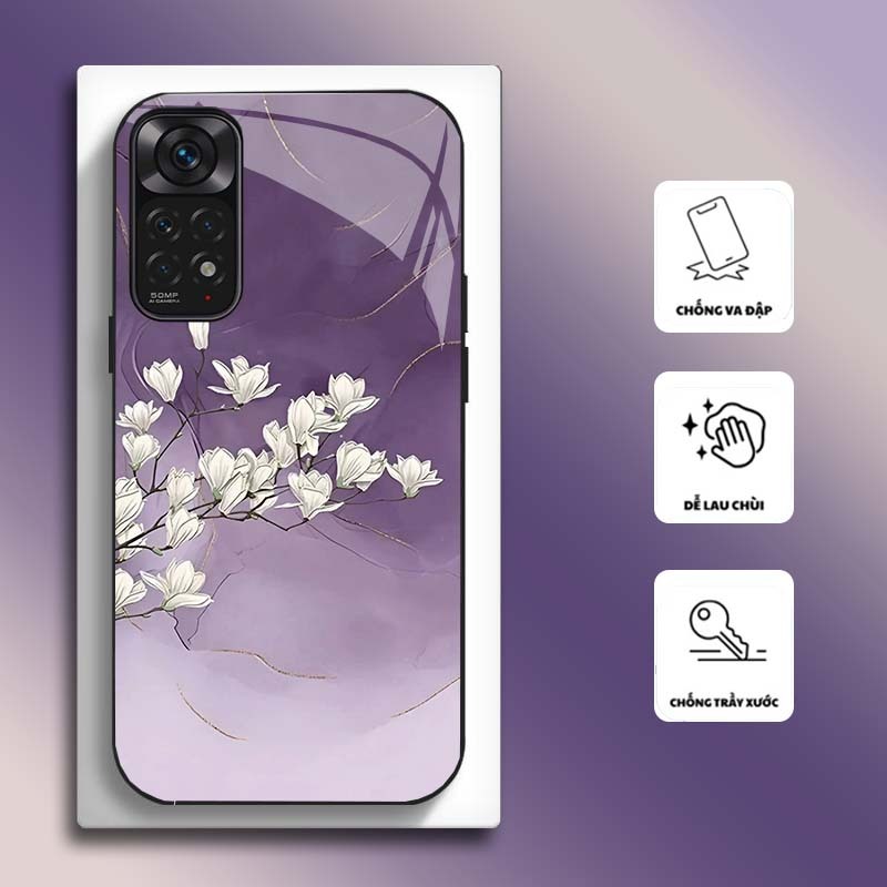 Ốp Lưng cho XIAOMI REDMI NOTE 11 4G, 11S, 11 5G, 11 PRO 4G/5G Mặt kính cường lực, cao cấp HOẠ TIẾT HOA CẨM THẠCH