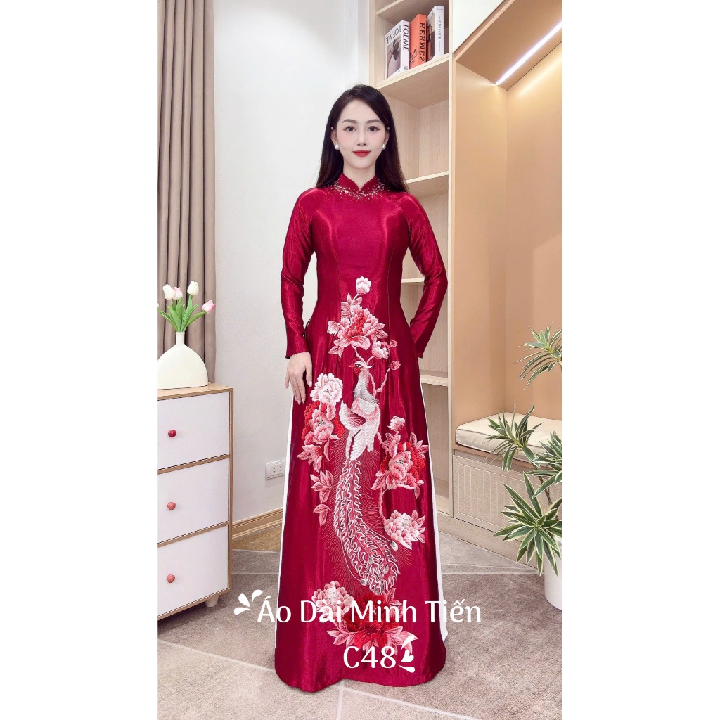 Áo Dài Lụa Thạch Anh Cao Cấp Hàng May + Thêu Thủ Công Tỉ Mỉ Từng Áo - Mã C48