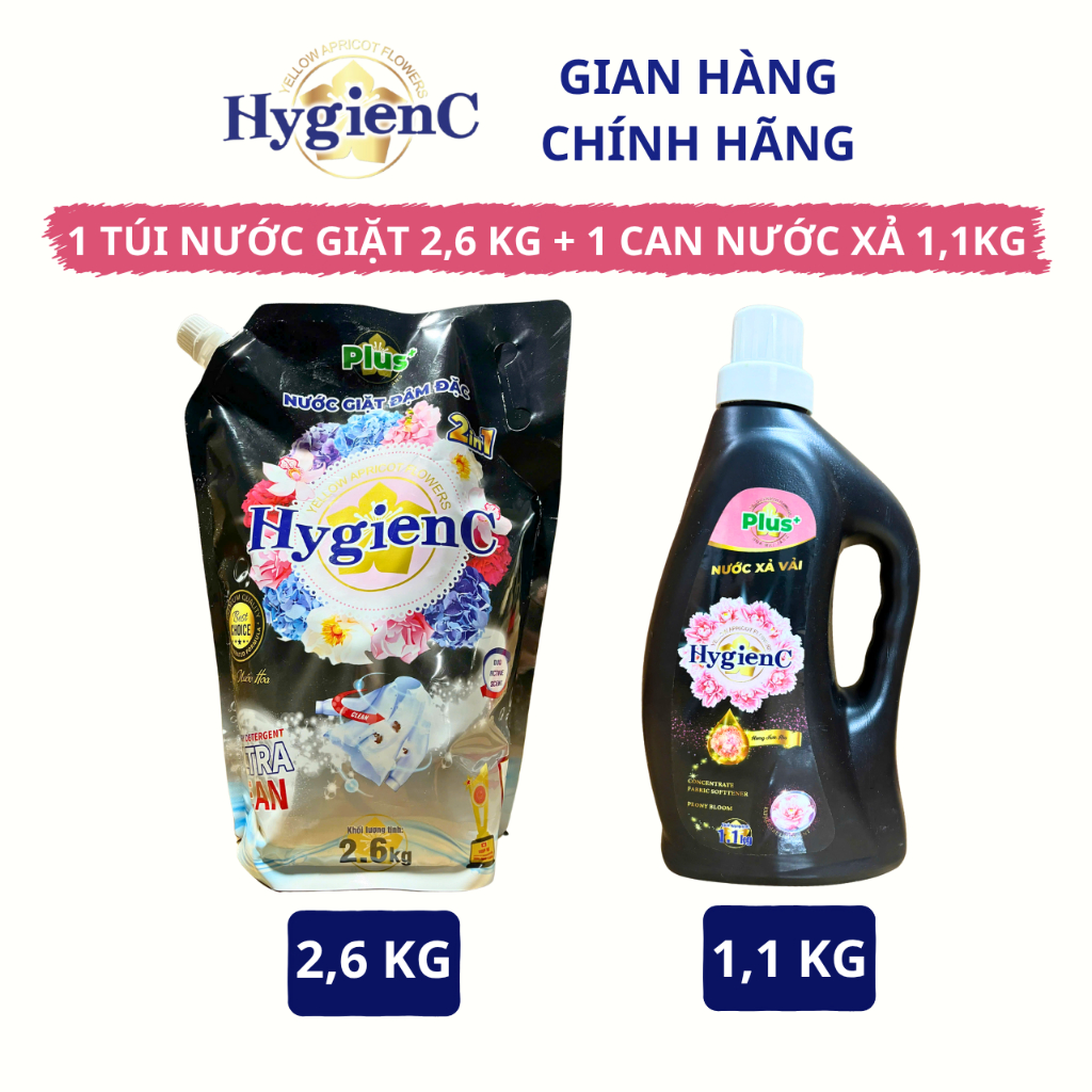 Bộ Đôi: 1 Túi Nước Giặt (2,6kg) + 1 Can Xả Vải (1,1kg) HygienC Plus - Dưỡng Vải, Sạch Vết Bẩn