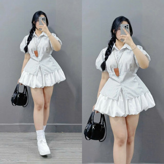 Set Áo Váy Bigsize Nữ Áo Sơ Mi Kiểu Tay Phồng Thắt Eo Phối Chân Váy Bí Dễ Thương (SM189+CV413)