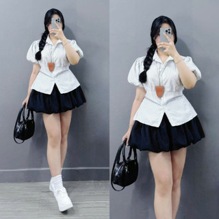 Set Áo Váy Bigsize Nữ Áo Sơ Mi Kiểu Tay Phồng Thắt Eo Phối Chân Váy Bí Dễ Thương (SM189+CV413)