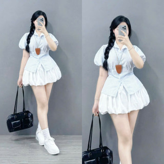 Set Áo Váy Bigsize Nữ Áo Sơ Mi Kiểu Tay Phồng Thắt Eo Phối Chân Váy Bí Dễ Thương (SM189+CV413)