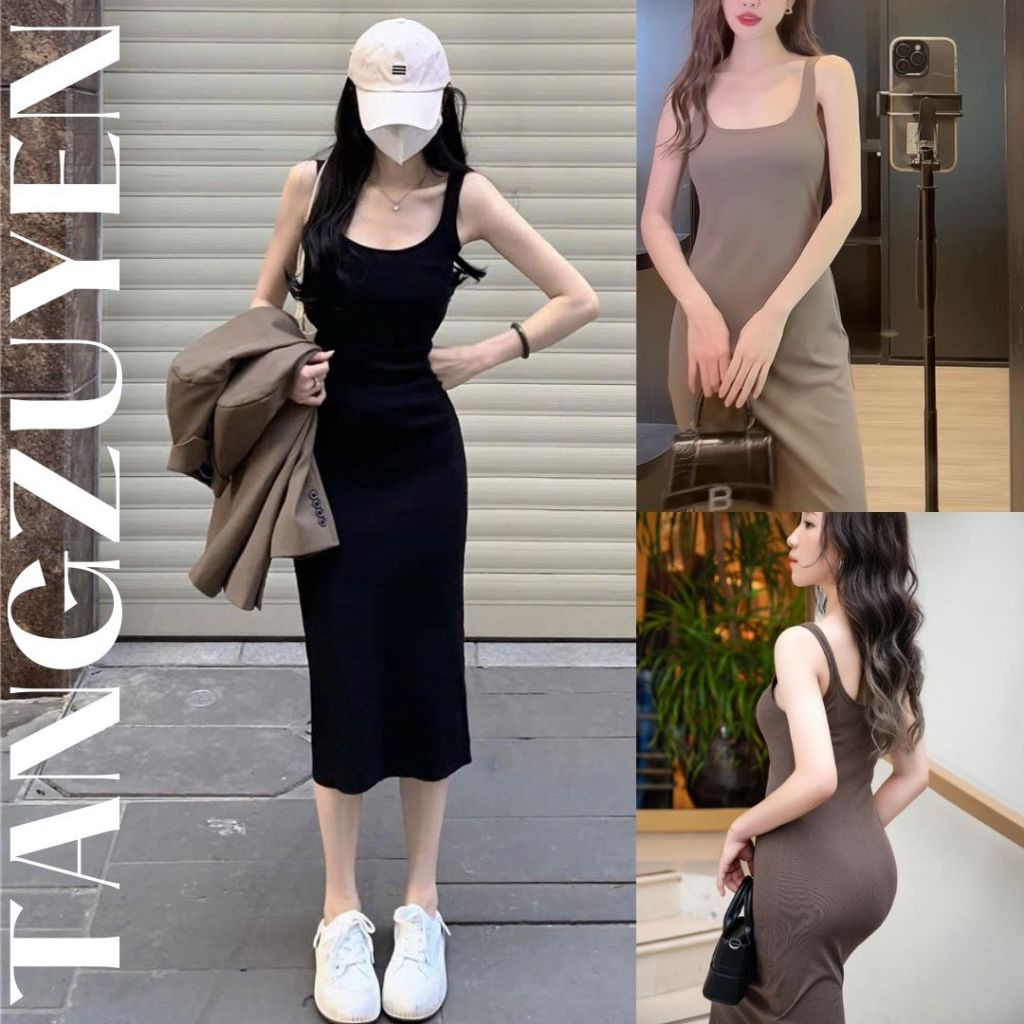 Váy thun 2 dây to ôm body dáng dài basic Đầm nữ ba lỗ xòe đi chơi mặc nhà chất thun gân trẻ trung ulzzang T613G