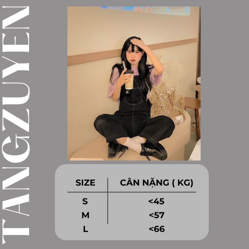 Quần yếm dài ống rộng đen túi trước thiết kế may chỉ nổi dáng basic quần ống suông dáng rộng đi chơi T61G