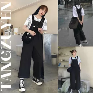 Quần yếm dài ống rộng đen túi trước thiết kế may chỉ nổi dáng basic quần ống suông dáng rộng đi chơi T61G