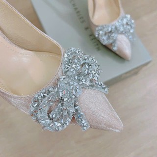 Giày cao gót mũi nhọn nơ đá sang chảnh đế 7cm.nhũ bạc hàng loại1 mã 110
