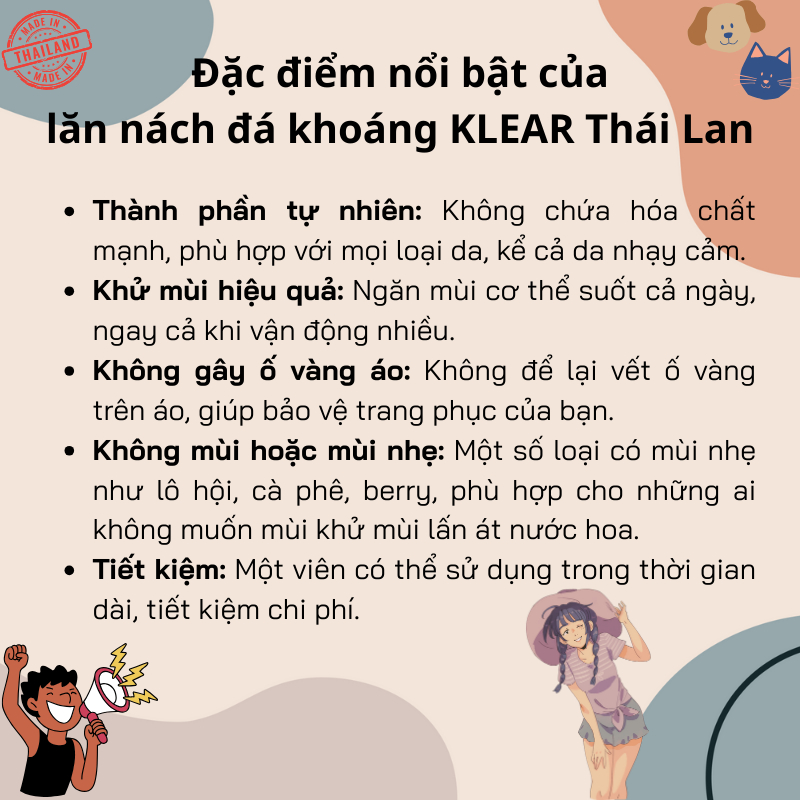Lăn Nách Đá Khoáng Thiên Nhiên KLEAR Thái Lan 70g ngăn mùi, không ố vàng
