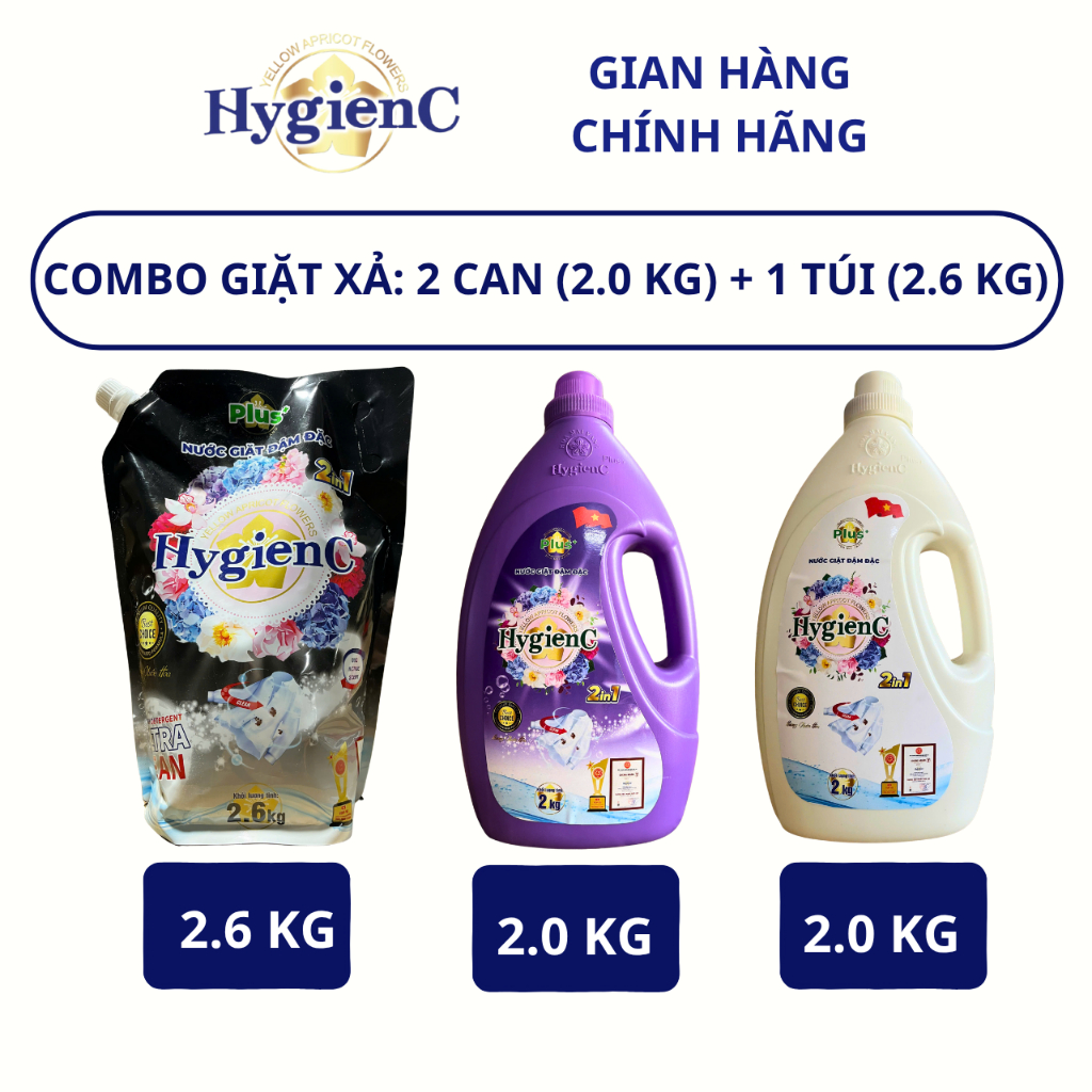 Combo 3: 2 Can Nước Giặt 2,0kg + 1 Túi Nước Giặt 2,6kg HygienC Plus Đậm Đặc Hương Nước Hoa
