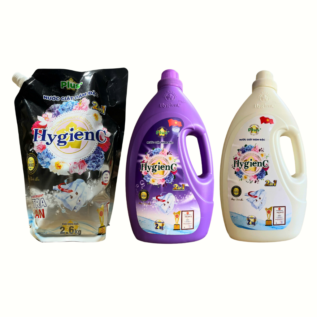 Combo 3: 2 Can Nước Giặt 2,0kg + 1 Túi Nước Giặt 2,6kg HygienC Plus Đậm Đặc Hương Nước Hoa