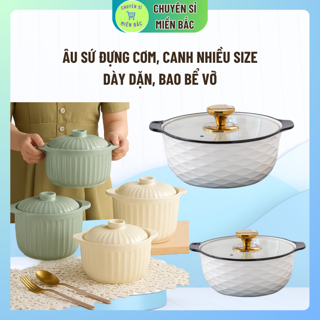 Âu đựng cơm, Canh Kích thước 25 cm, gồm các dung tích 1l, 1,5l, 2,4l Cao Cấp Màu Trắng