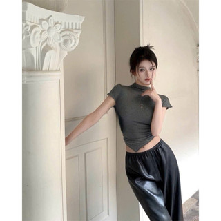 Áo croptop cổ lọ chất thun tăm trắng đen xám gắn huy hiệu cao cấp VANISA CT100