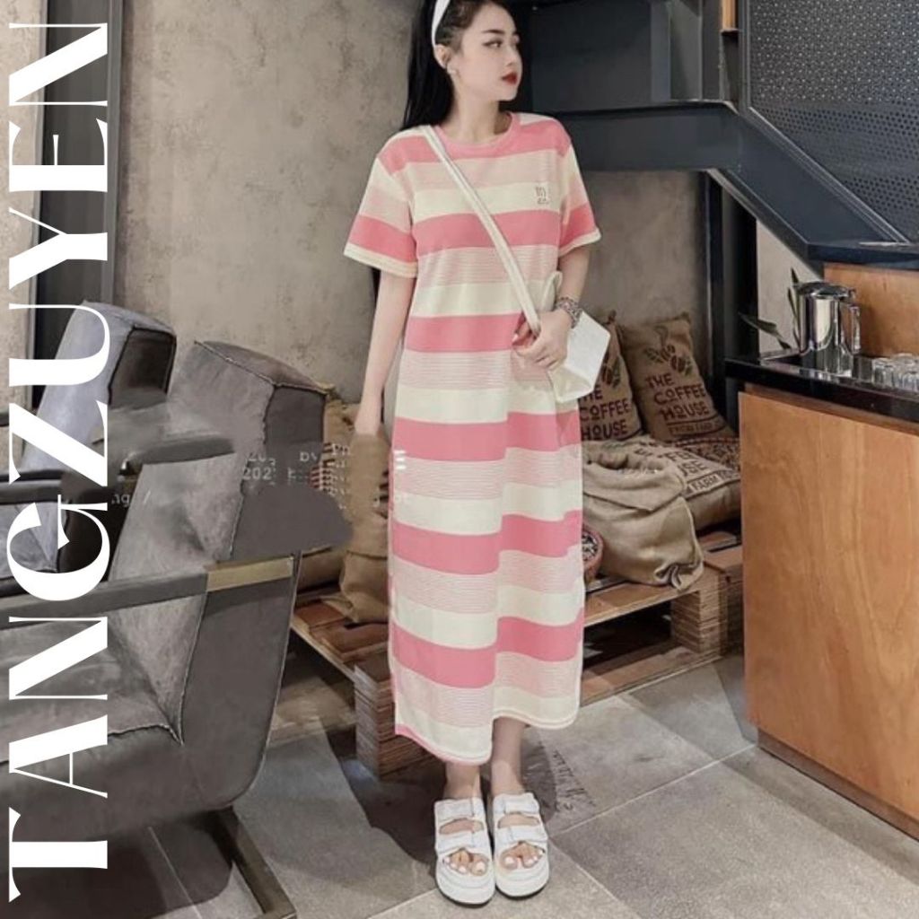 Váy bầu tay ngắn kẻ ngang mặc đi chơi Đầm dáng suông form rộng chất thun mềm mịn xẻ tà không cổ dáng rộng bigsize T1100G