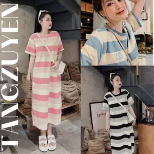 Váy bầu tay ngắn kẻ ngang mặc đi chơi Đầm dáng suông form rộng chất thun mềm mịn xẻ tà không cổ dáng rộng bigsize T1100G
