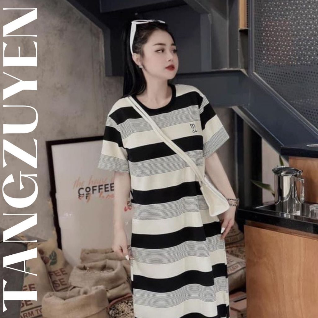 Váy bầu tay ngắn kẻ ngang mặc đi chơi Đầm dáng suông form rộng chất thun mềm mịn xẻ tà không cổ dáng rộng bigsize T1100G