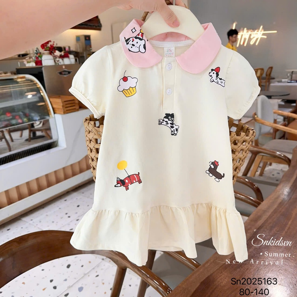 Váy POLO Cổ Bẻ Dễ Thương ( Họa Tiết Hoạt Hình ) MS 007 Dành Cho Bé Gái 9-35kg Chất Liệu Cotton Mềm Mịn