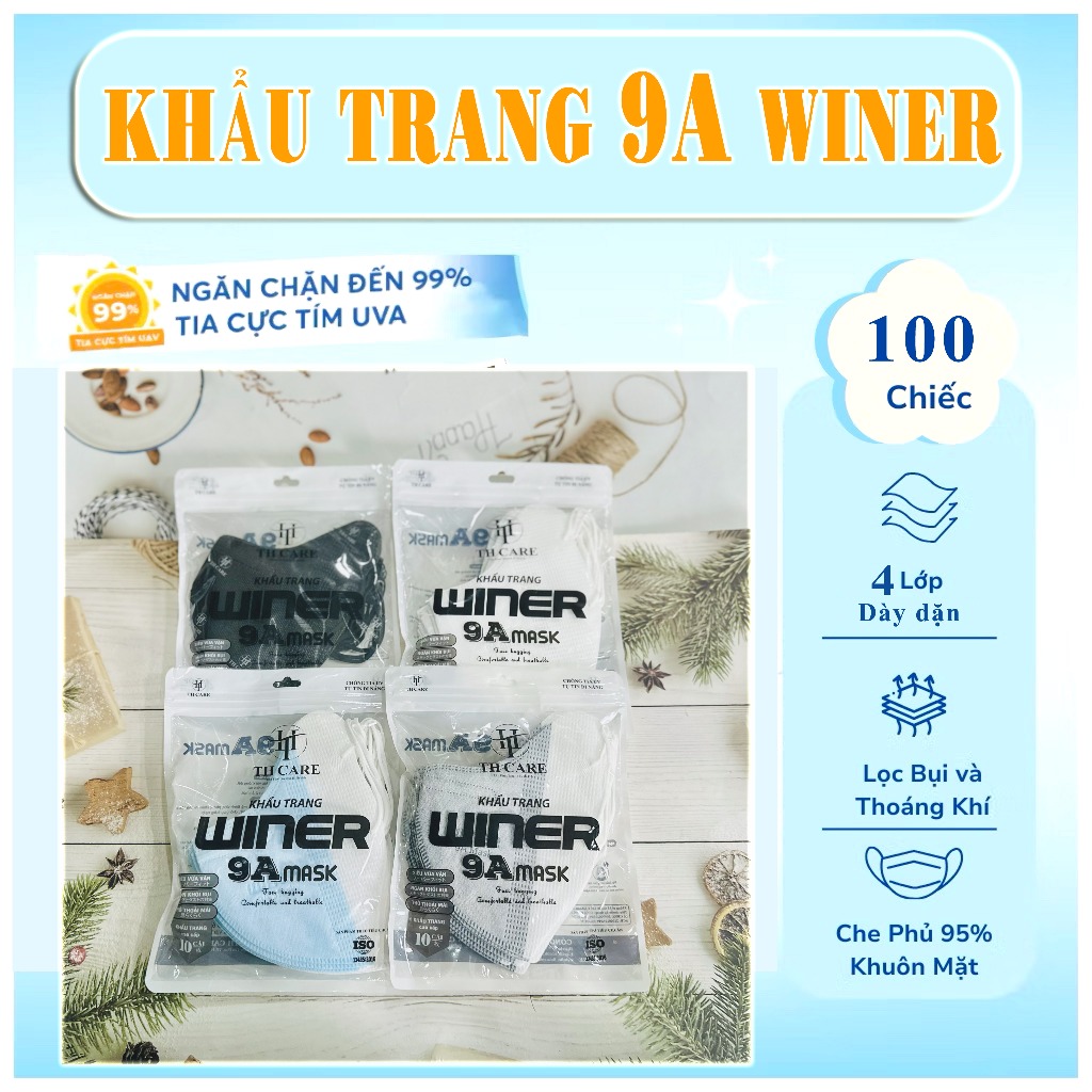 [9A] Combo 100 Cái Khẩu trang 9A WINER TÚI ZIP-  Chuyên dụng đi nắng thiết kế 4 lớp dày dặn