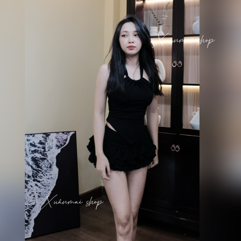 Xuanmaishop[QV TẦNG] Set áo sẵn mút kiểu yếm kiểu 2 dây quần váy tầng áo tà nhọn Xuân Mai Shop