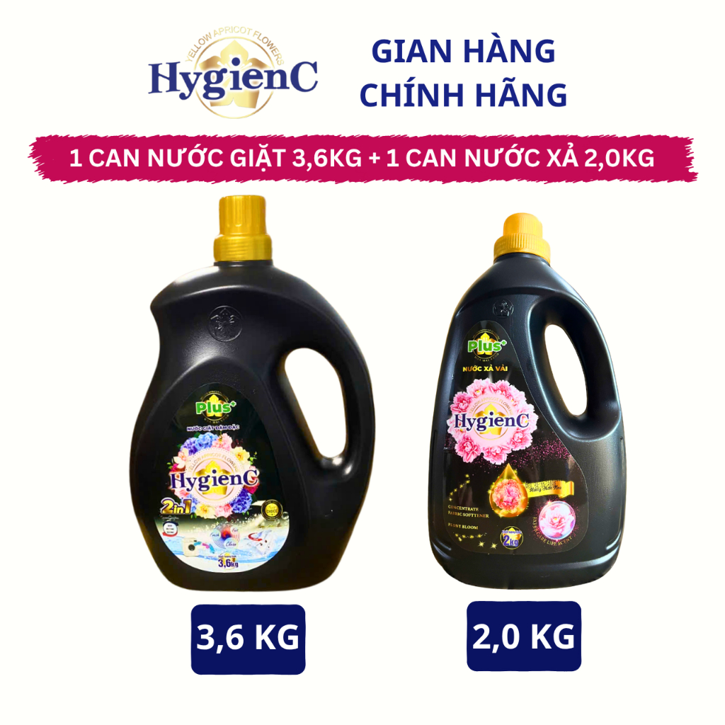 Bộ Đôi Giặt - Xả: 1 Can Nước Giặt (3,6kg) + 1 Can Nước Xả Vải (2,0kg) HygienC Plus Đậm Đặc Hương Nước Hoa