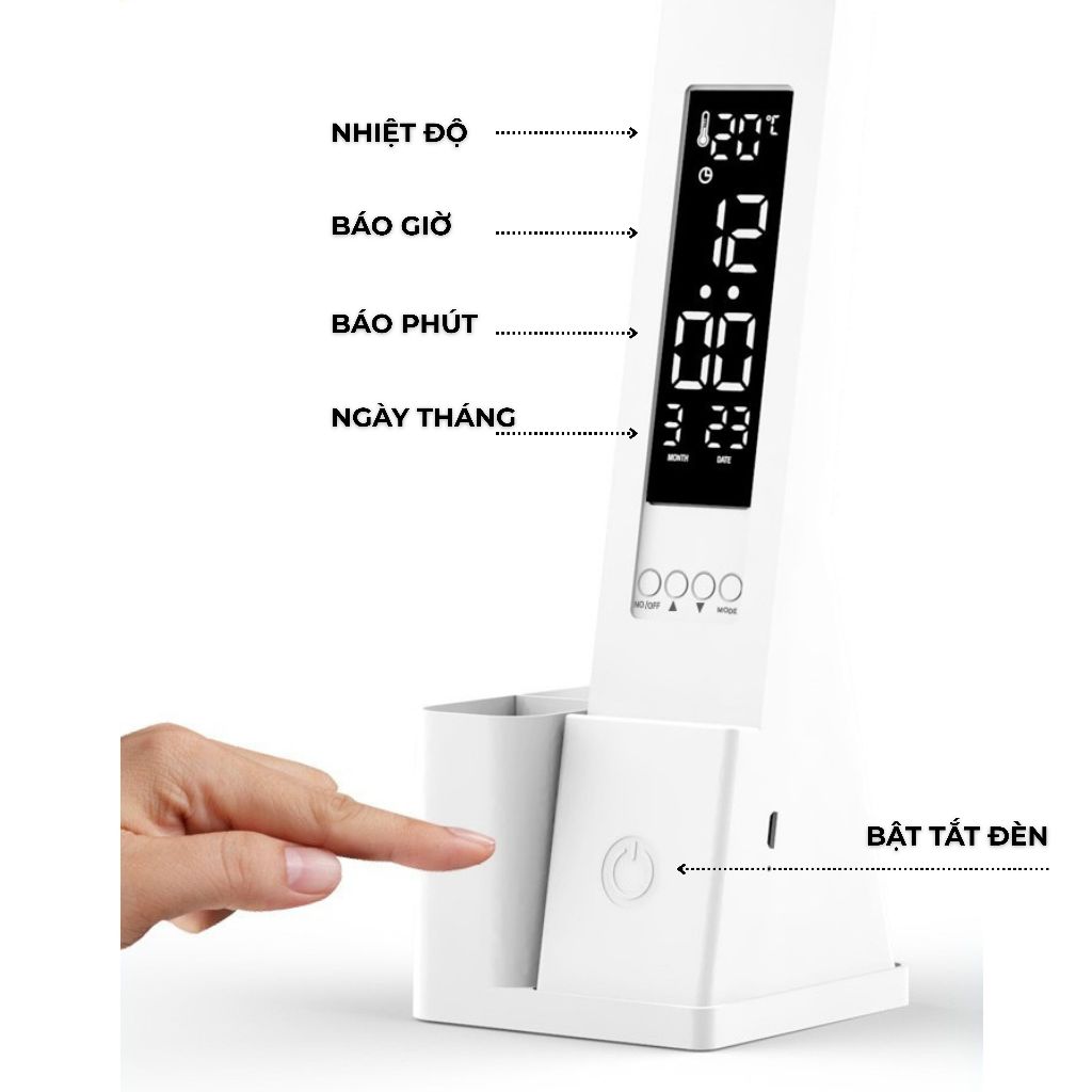 Đèn học chống cận, Đèn đọc sách LED tích hợp màn hiển thị thời gian, lịch, nhiệt độ, có ống đựng bút